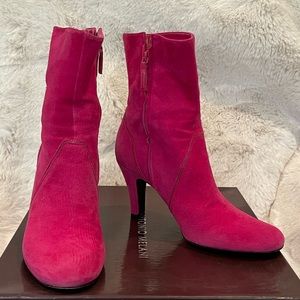 Fushia suede & patent leather boots by Antonio Melani